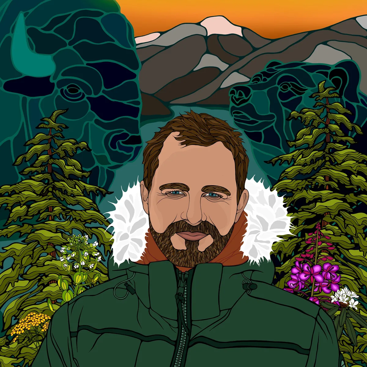 Illustrated portrait of Wayne Wapeemukwa in a fur-trimmed parka among evergreens and wildflowers, with two bears and mountains behind him.