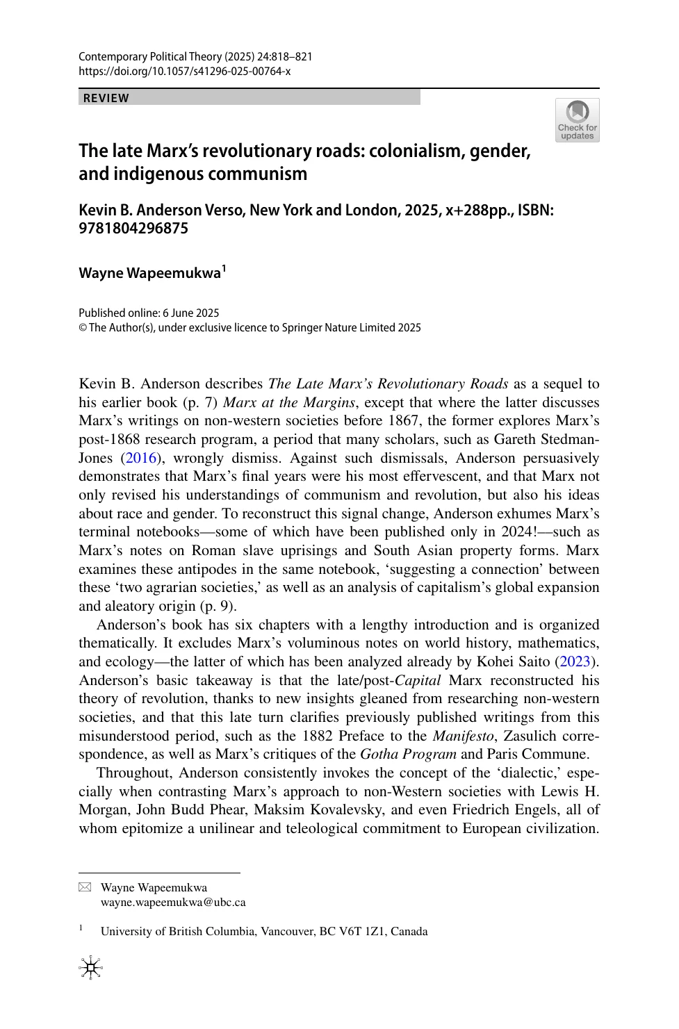 The Late Marx’s Revolutionary Roads: Colonialism, Gender, and Indigenous Communism — first page
