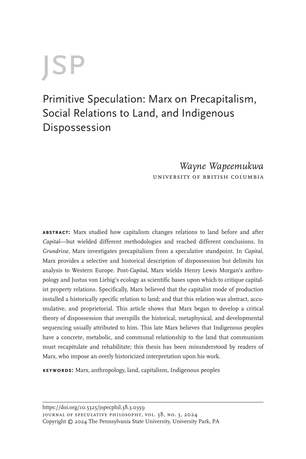 Primitive Speculation: Marx on Precapitalism, Social Relations to Land, and Indigenous Dispossession — first page