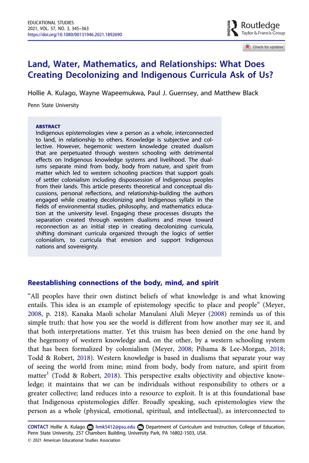 Land, Water, Mathematics, and Relationships — first page