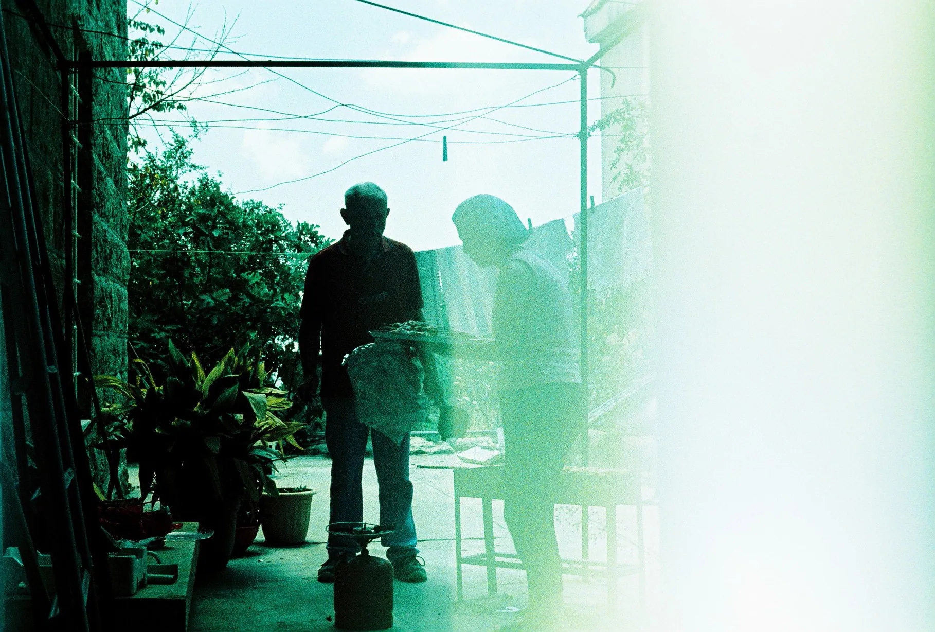 Two men stand on a sunlit balcony crowded with potted plants, one holding a bowl, light leaking across the frame.